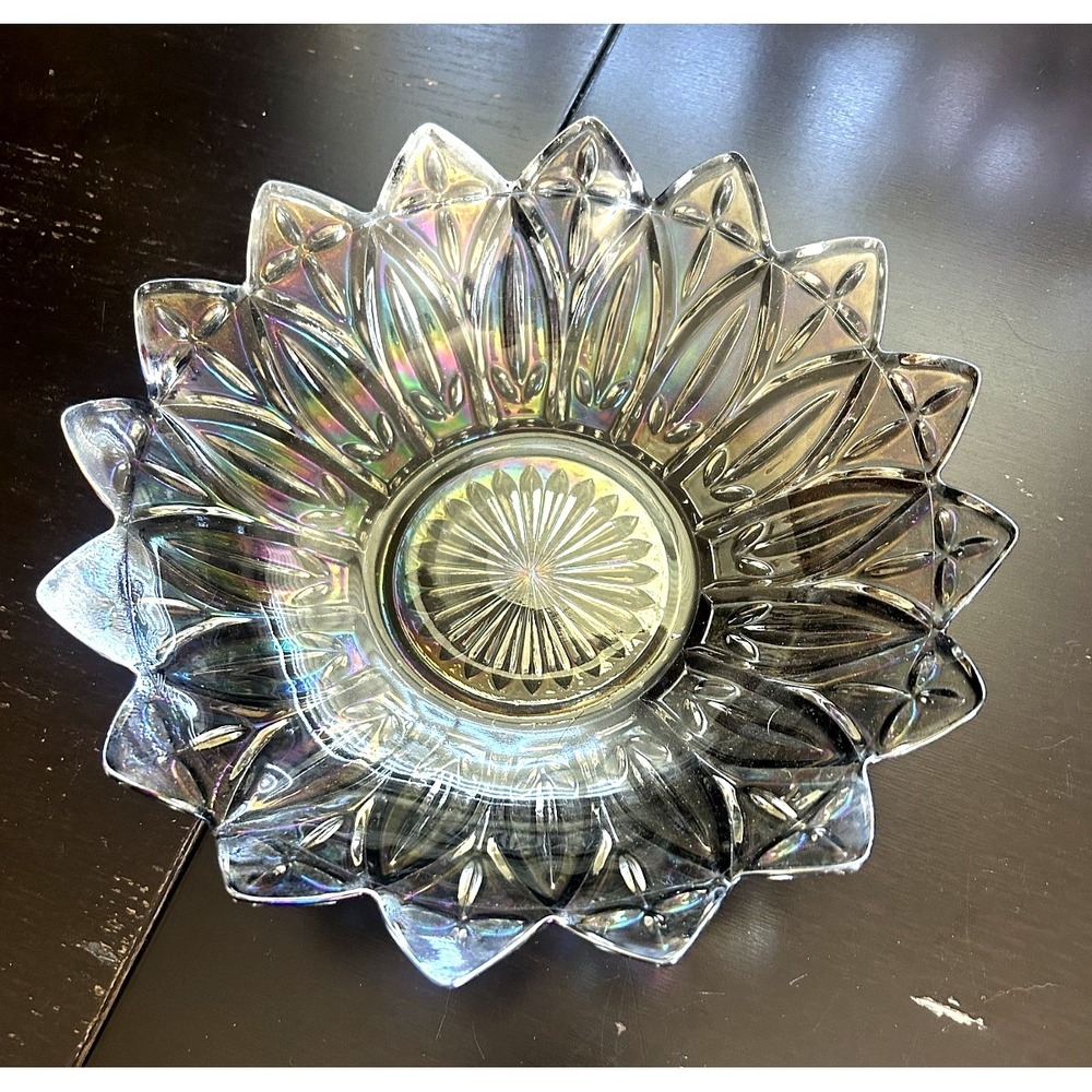 Federal Glass Iridescent Smoke Petal Bowl 10.125" Vintage Dessert Bowl